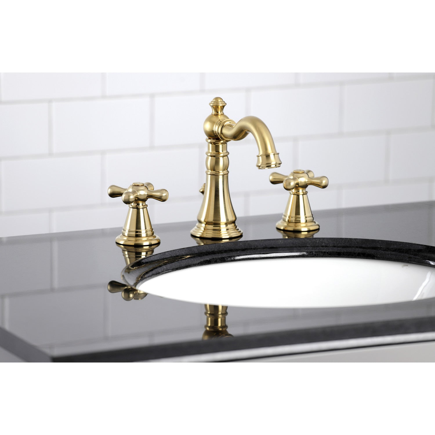 Kingston Heirloom FSC1973AAX - American Classic Two-Handle 3-Hole Deck Mount Widespread Bathroom Faucet with Brass Pop-Up, Brushed Brass — thumbnail 2